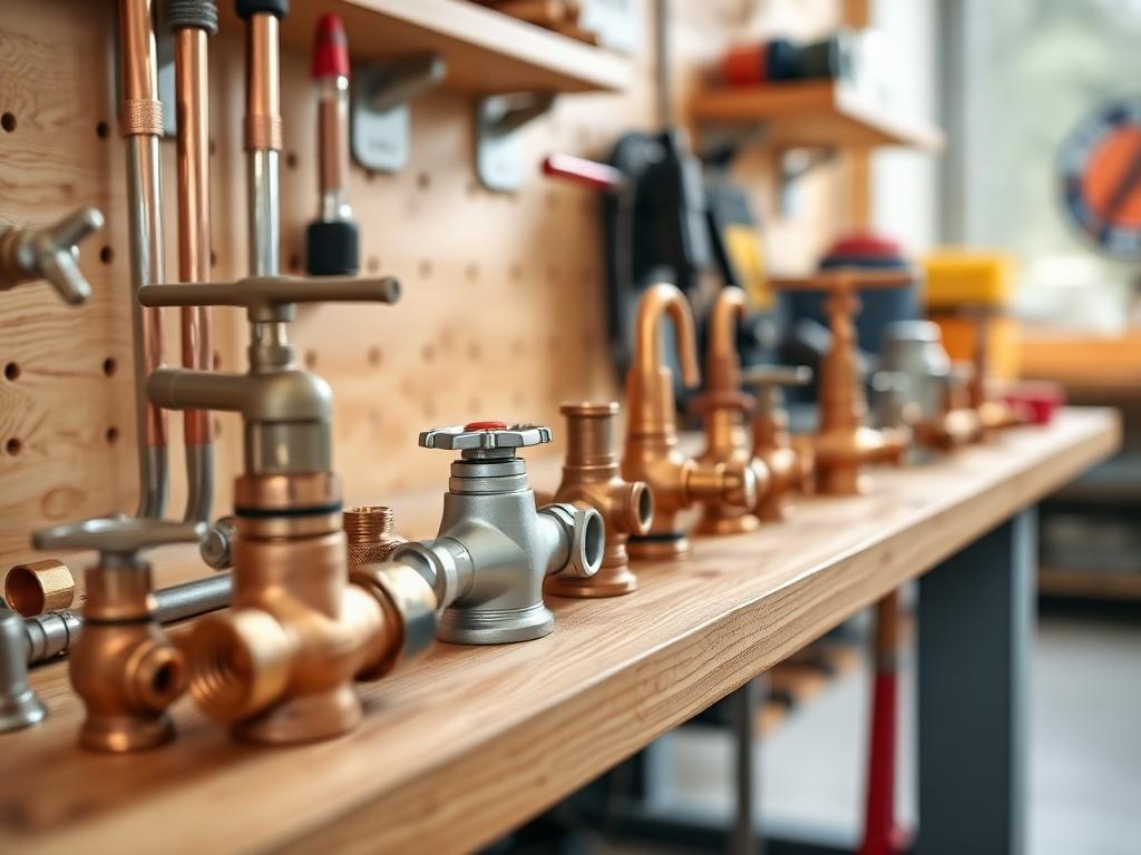 Plumbing tools and copper fittings on a workbench